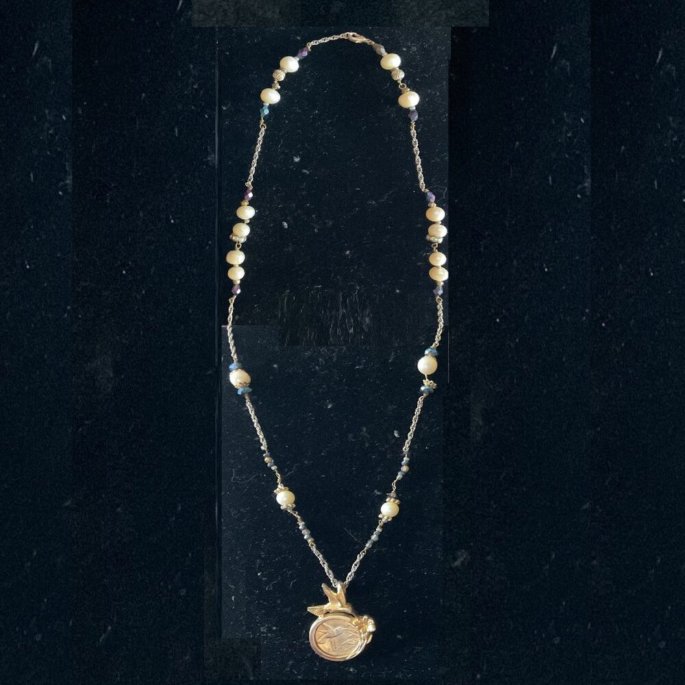 24" Republic of Trinidad hummingbird 24kt coin and freshwater pearl necklace